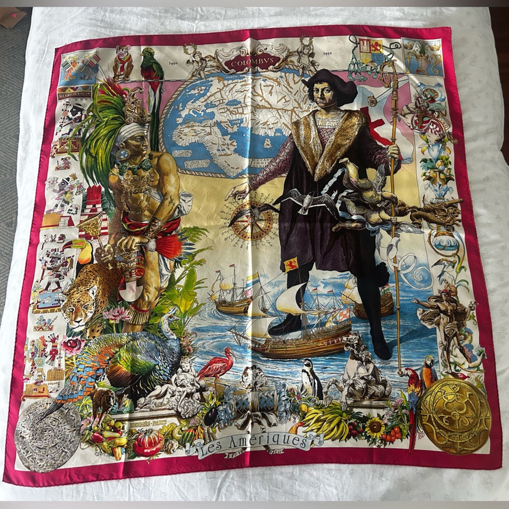 Vintage Hermes L’Ameriques Silk Carre Scarf 90cm Grail Columbus Kermit Oliver